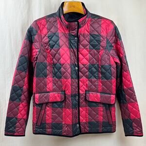 Talbots Buffalo Plaid Quilted Coat - Red Black Lightweight Polyester Size Medium